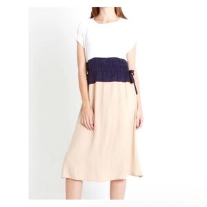 All Row Three-Tone Tie-Waist Midi Dress in White, Navy & Beige Size M